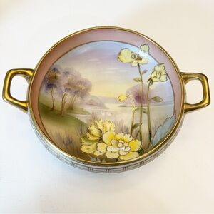 Vintage Nippon Hand Painted 2 Handle Bowl Yellow Floral Tree Scene Raised Gold